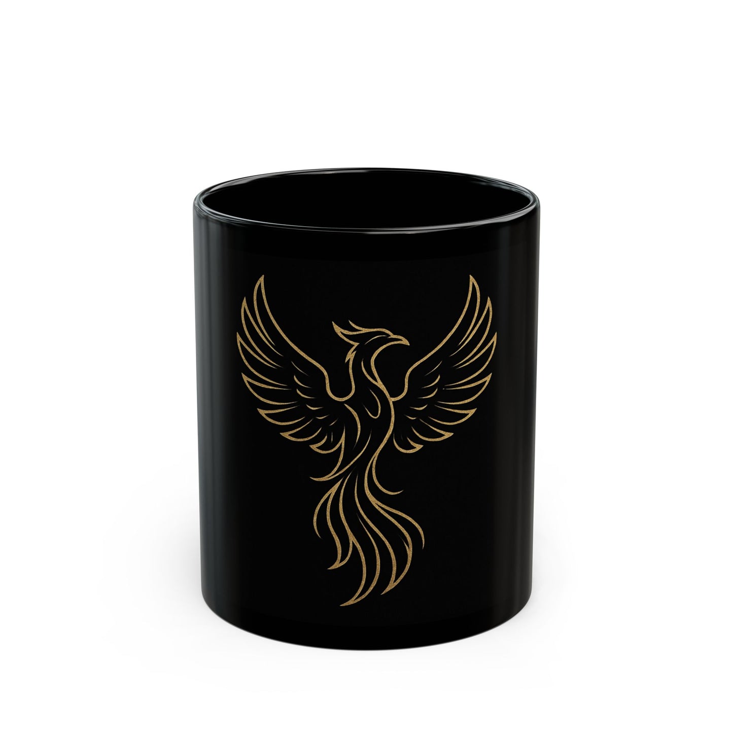 Phoenix Outline Black Coffee Mug — Gold Mythical Bird Design (11oz & 15oz)